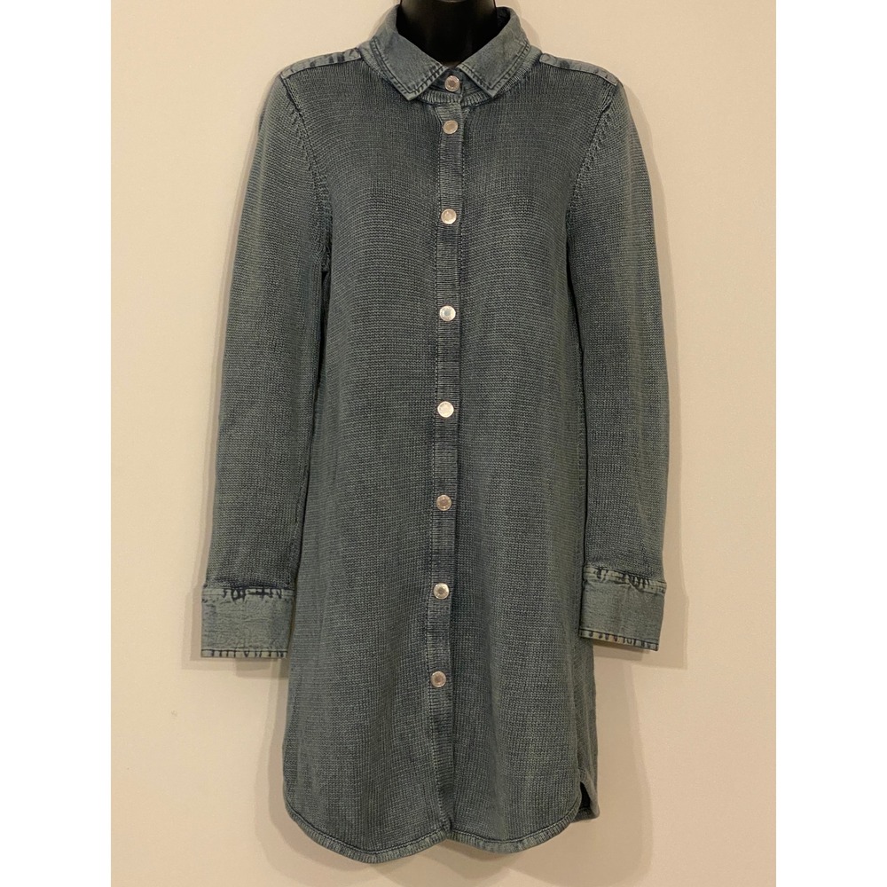 PBJ Blues Snap Tunic Cardigan Womens Acid Wash Knit Shirt Ramie Cotton Blue Sm